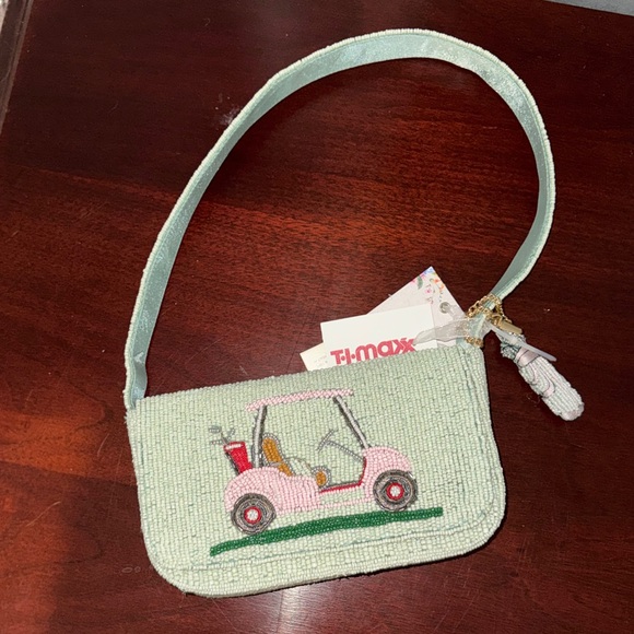 Mint Green Beaded Shoulder Bag with Pink Golf Cart Accent - Picture 2 of 4